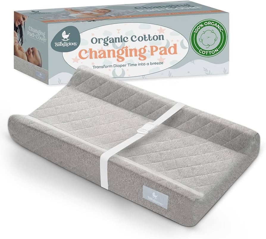 Cambiador para Bebé con Bordes Contorneados | Colchón Cambiador Impermeable con Funda Lavable de Algodón Orgánico y Correa de Seguridad