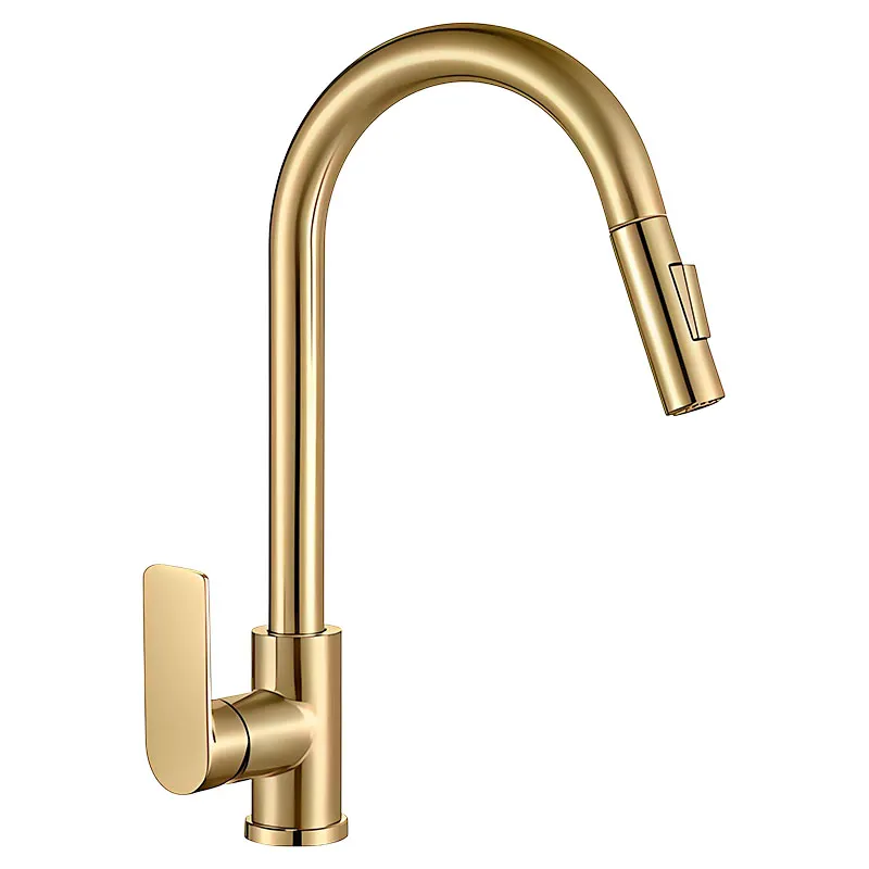 Grifo para cocina monomando cuello cisne alto Madrid dorado cepillado con manilla palanca