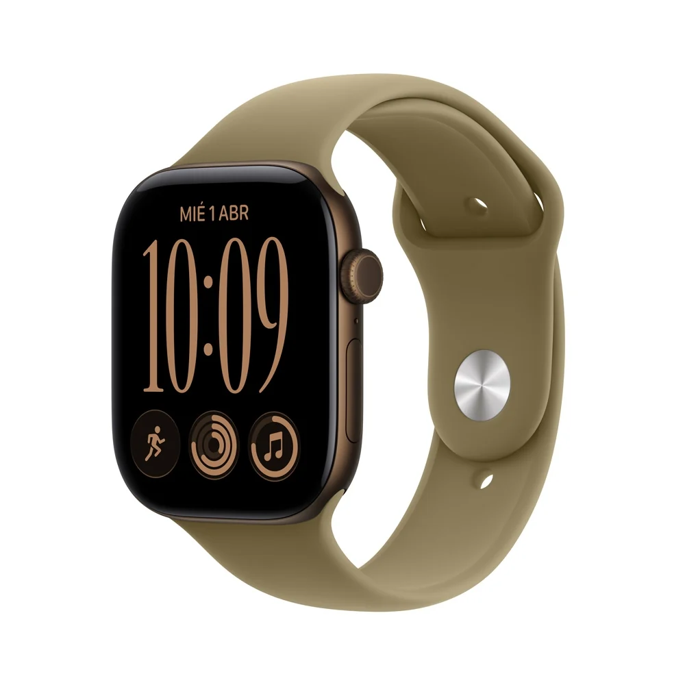 Apple Watch Series 12 GPS • Caja de aluminio color bronce oscuro de 46 mm • Correa deportiva color oliva – M/L