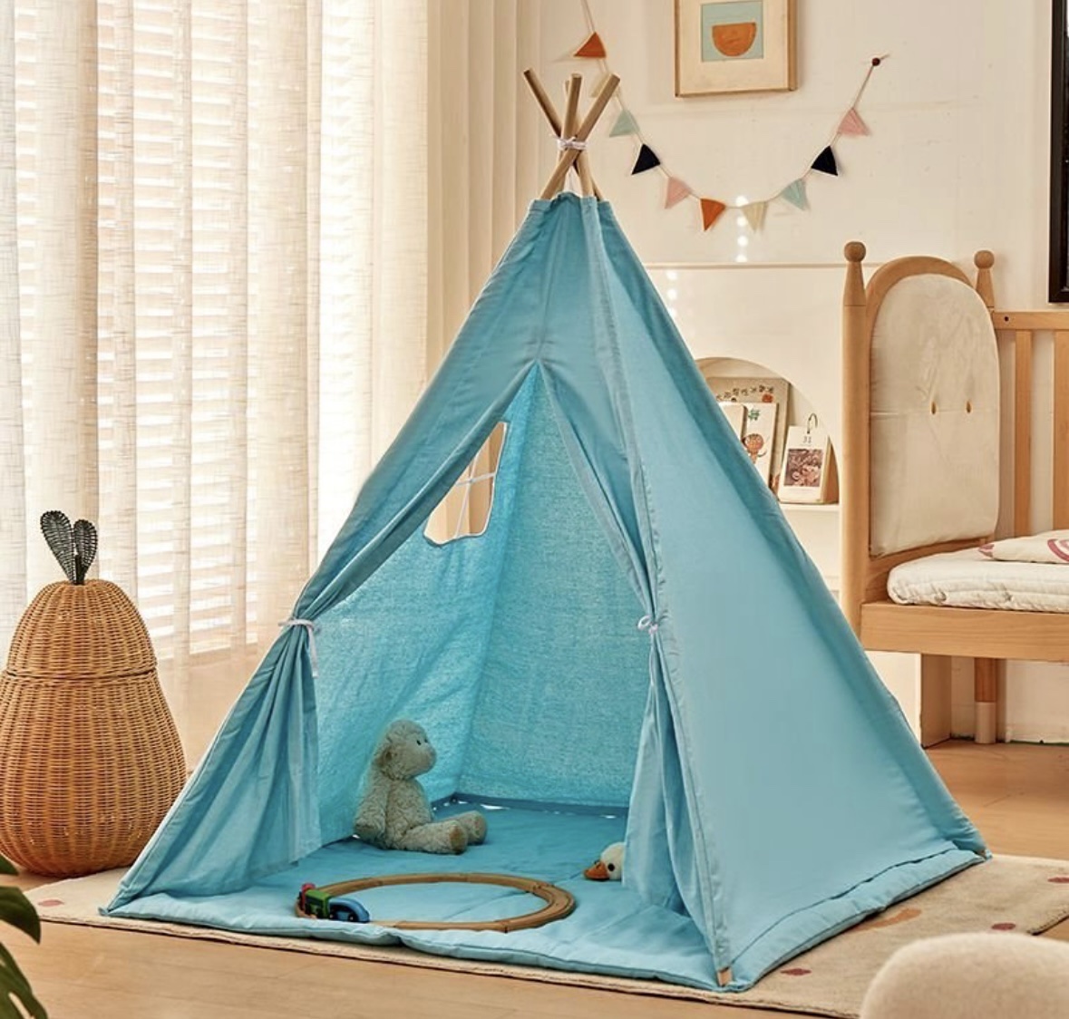 Tipi Tienda de Campaña para Niños 160cm con Alfombra – Celeste