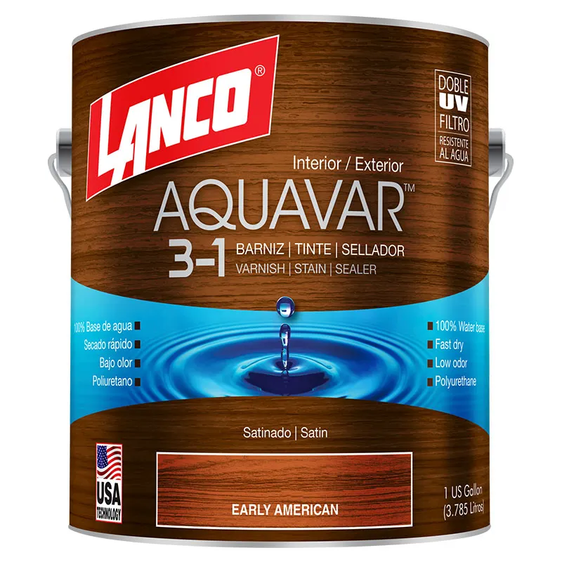Barniz 3 en 1 base agua Aquavar early american satinado 1 gal Lanco